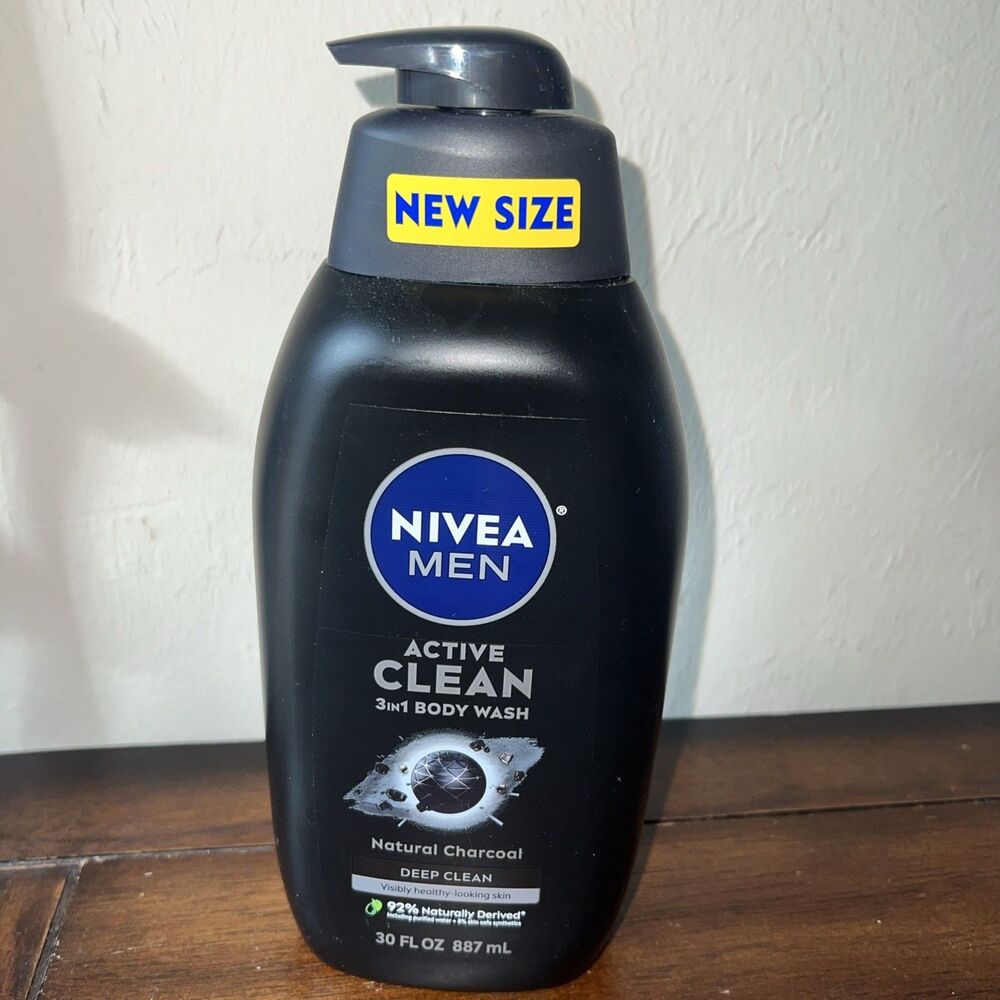 NIVEA Men Active Clean Body Wash 3 in 1 Natural Charcoal , 30oz. Pump Bottle